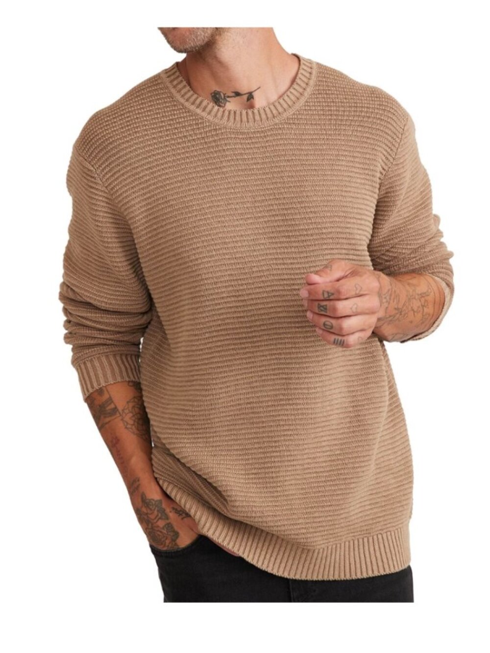 Marine Layer Garment Dyed Cotton Men Sweater tan ribbed brown XL